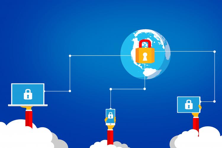 a laptop, smartphone and tablet are all connected to a lock icon