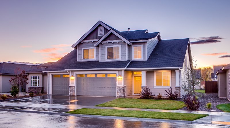 a suburban home at sunset